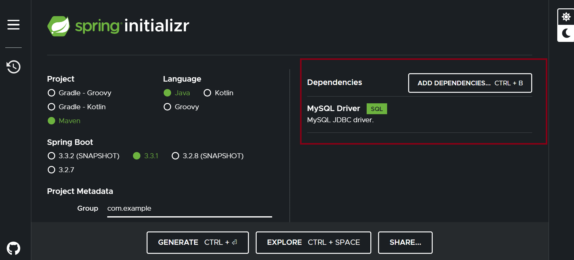 dependencia mysql spring initializr