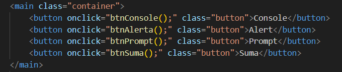La imagen muestra el código de los 4  botones donde se diferencias el boton Console, el boton Alert, Prompt y Suma