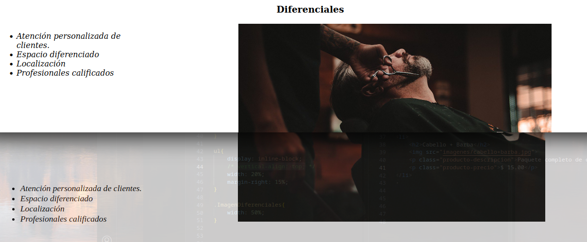 Imagen con la misma lista en posición superior e inferior que enlista servicios de barberia diferenciales seguida de una imagen de hombre en barberia
