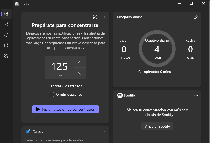 tiempo de concentración en reloj de Windows