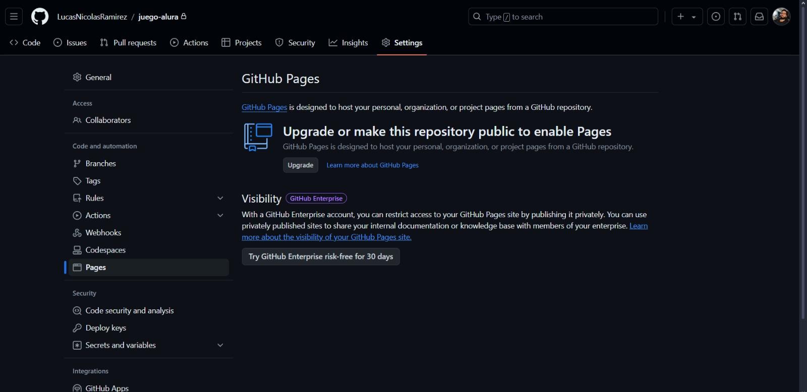 Tengo un problema a la hora de publicar en github para obtener el link del proyecto, que deberia hacer en este caso?. Muchas gracias!