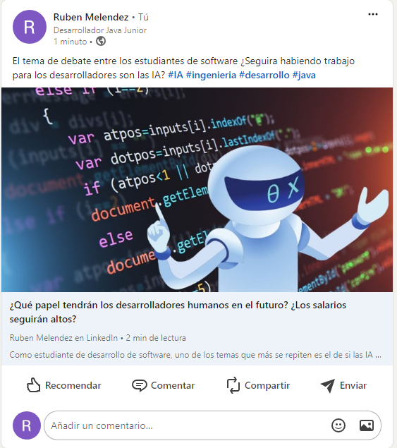 imagen de mi articulo en linkedin sobre si habrá trabajo para los desarrolladores en un futuro