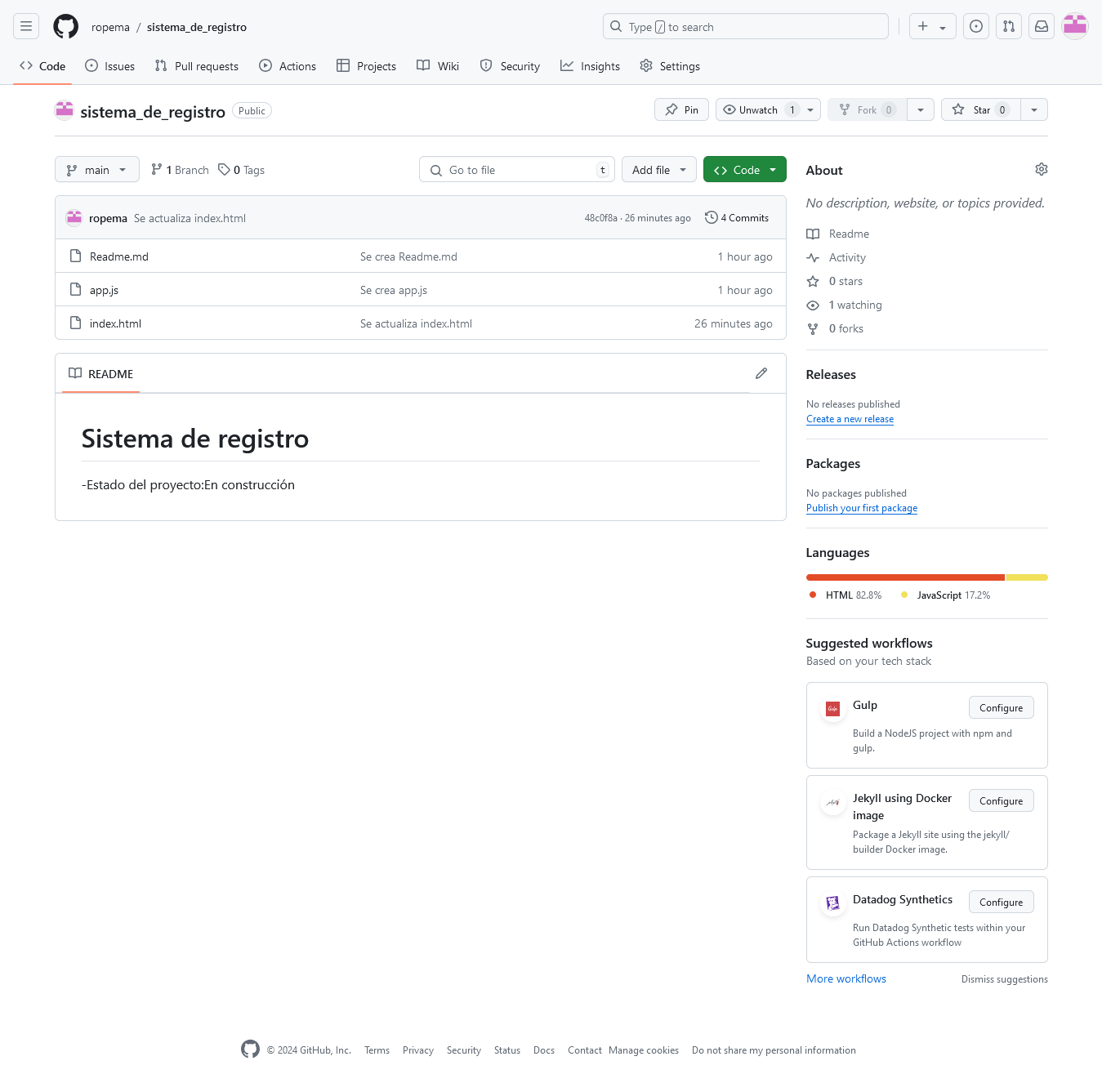 Repositorio en GitHub Sistema de Registro