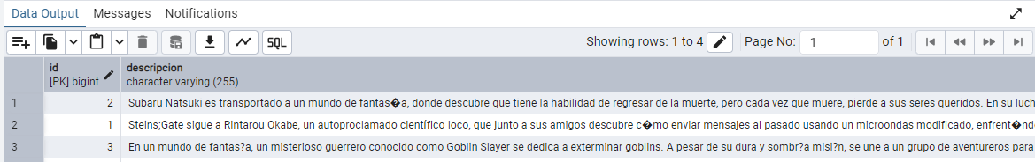 Interfaz de pgAdmin4 mostrando los resultados a una consulta SQL