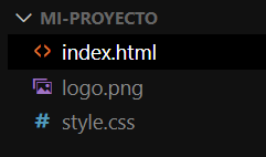 Captura de pantalla de un proyecto que contiene 3 archivos: 'index.html', 'logo.png' y 'style.css'