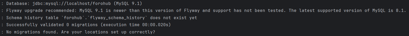 Menciona que Flyway esta desactualizado en comparacion con MySQL y no logra encontrar las migrations al correr el proyecto