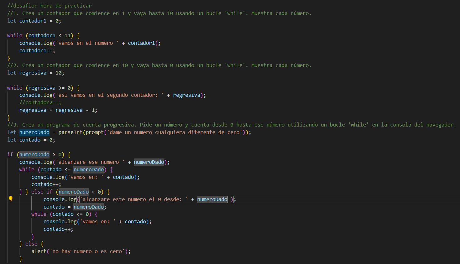 codigo en el entorno de desarrollo VS Code practicando con los ejercicios de las clases: Loops y tentativas.