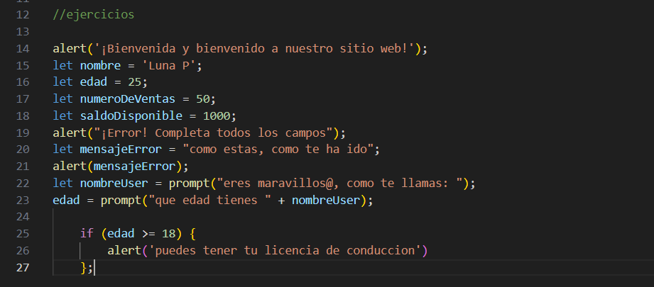 es una captura de un fragmento de line de comando en visual studio code que tiene dististan variables, ejemplo de alartas de javascript y peticiones con la funcion prompt