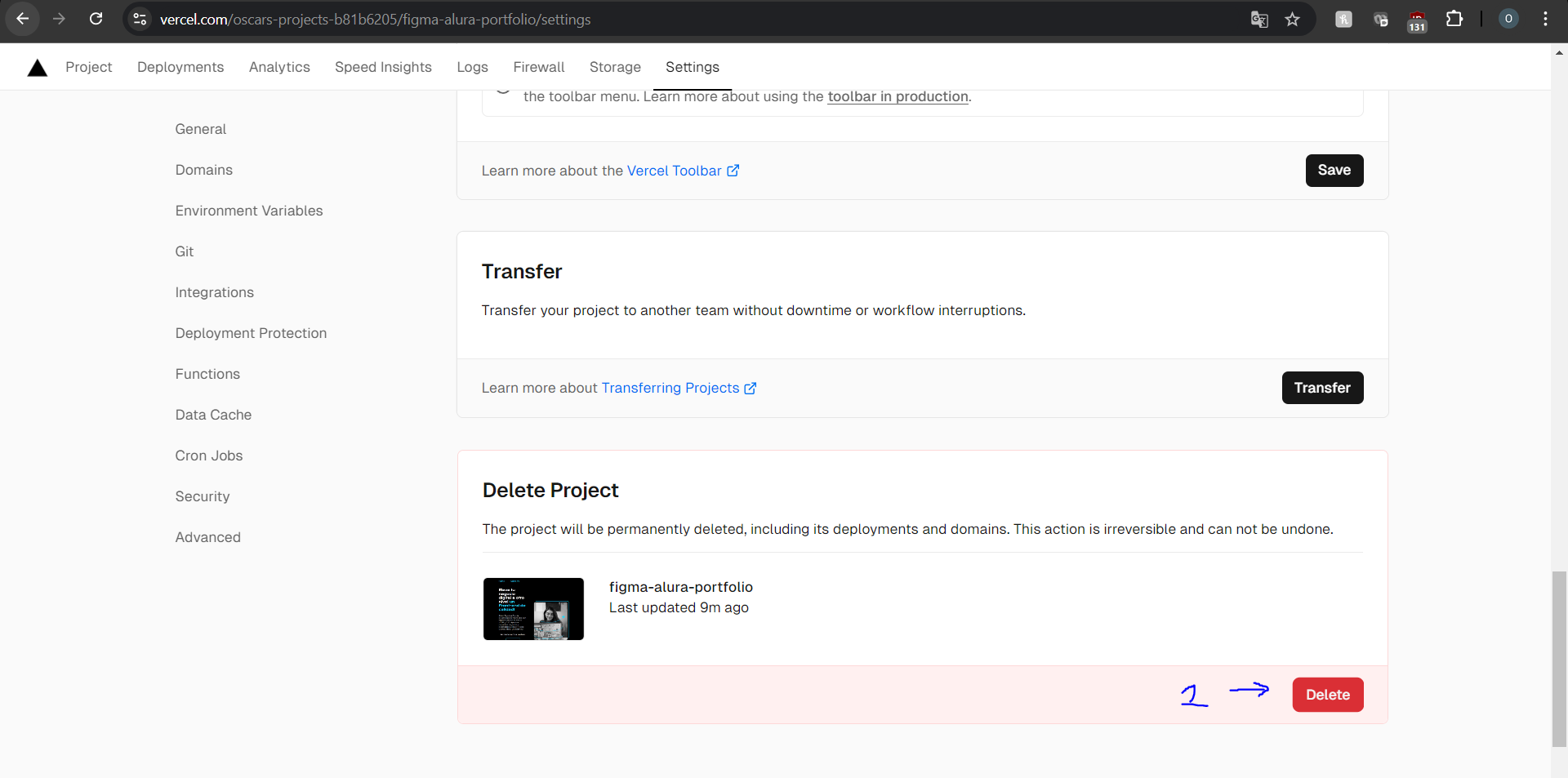 Muestra el botón de eliminar proyecto al final del panel "Settings" del proyecto