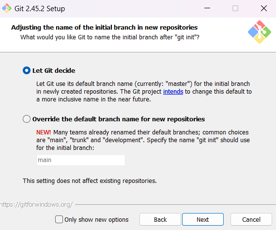 Itercera imagen de las instrucciones de instalacion de Git, permite que git pueda decidir, esta condiguracion viene por defecto, si tienes experiencia puedes cambiar la configuracion de lo contrario no muevas nada 