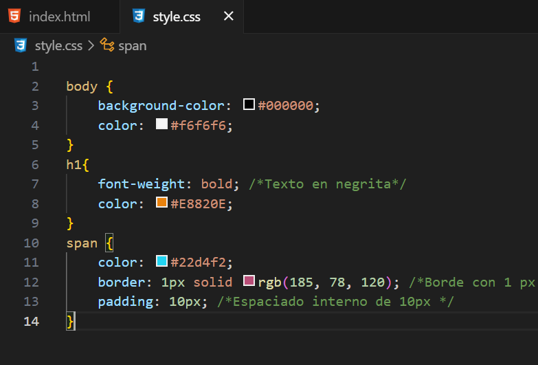 Imagen de codigo style.css usado para ejercicio