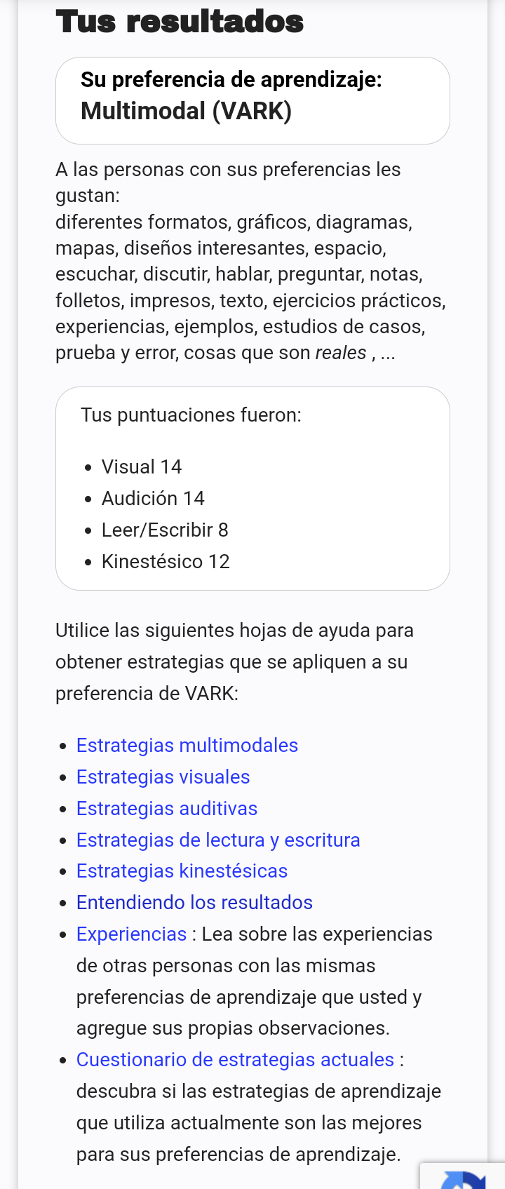 Resultado Test VARK Jhon Garcia 