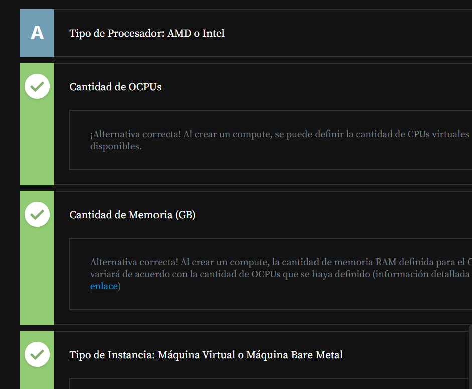 Captura de tela de uma questão de múltipla escolha em espanhol com quatro alternativas sobre configurações de computação em nuvem, destacando três opções corretas marcadas em verde com ícones de check: quantidade de OCPUs, quantidade de memória e tipo de instância.