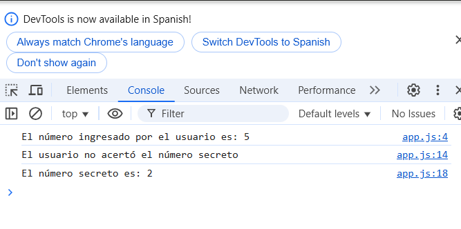 Consola de DevTools de Chrome mostrando los valores de las variables