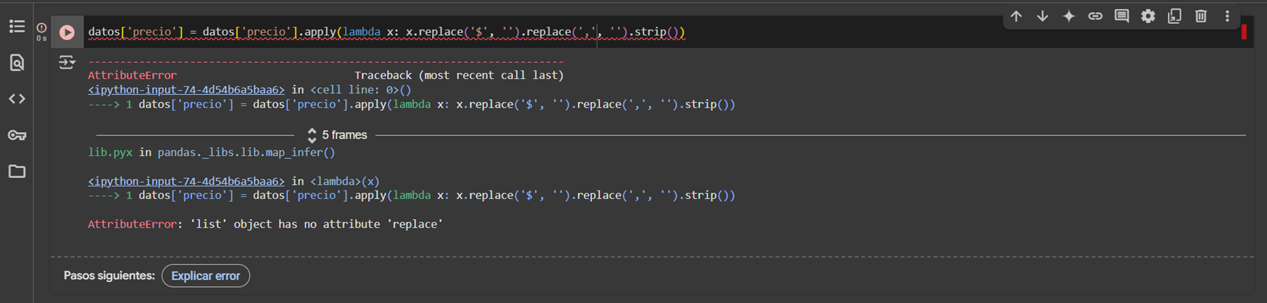 Captura de pantalla del error que aparece al querer transformar los valores de la columna precio, dice AttributeError: 'list' object has no attribute 'replace'