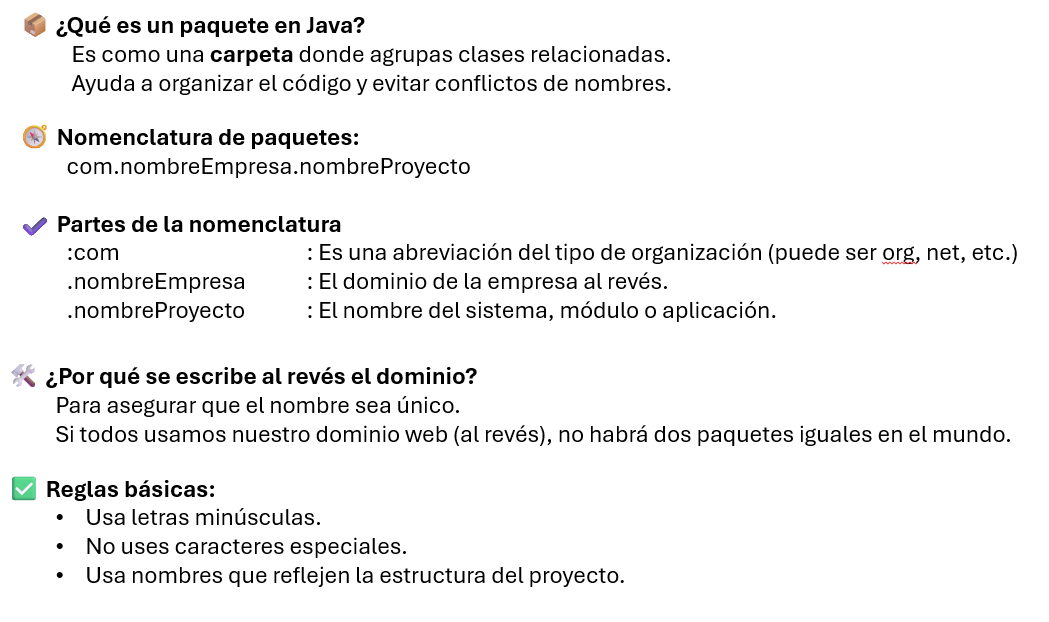 Hola! No soy la profesora, pero quise responder a la misma inquietud que yo tuve. Averigue  y arme en mis apuntes esta descripción que muestra más ordenado que es un paquete en Java, su nomenclatura, las partes, reglas básicas