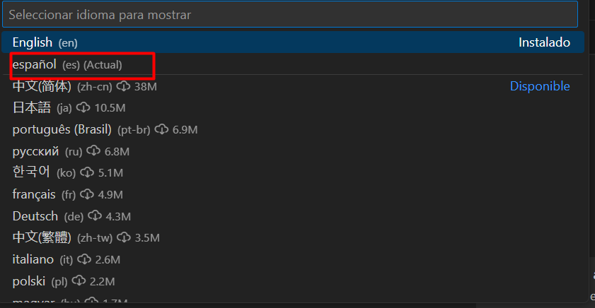 Listado de Idiomas en VS Code