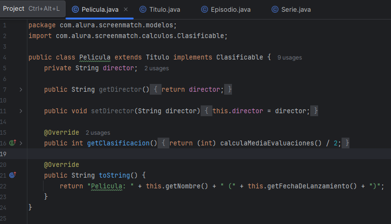 Pantalla negra mostrando el código de la clase Pelicula.java