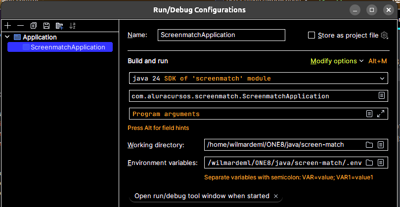 agregar archivo .env en Run/Debug Configurations