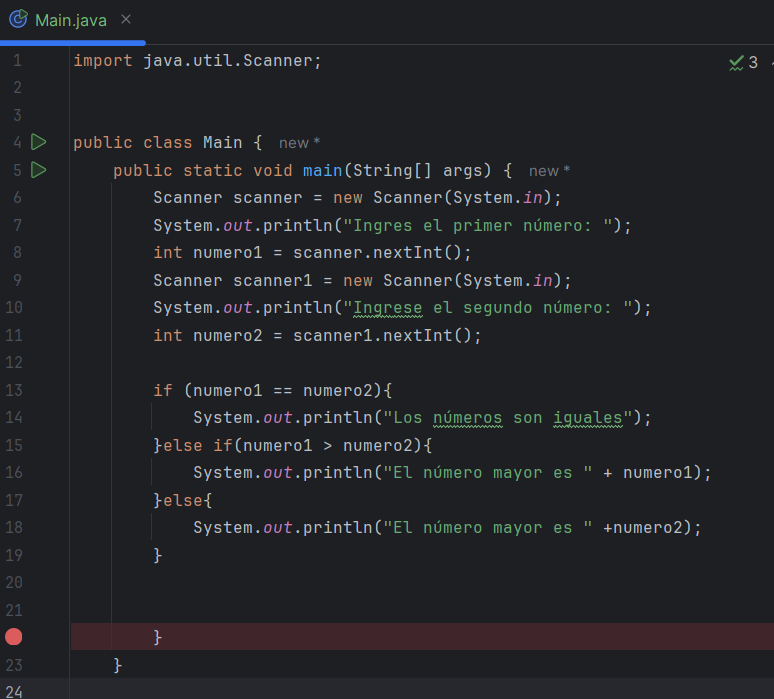Código java donde se compara dos números, se determina si son iguales o cuál es el mayor