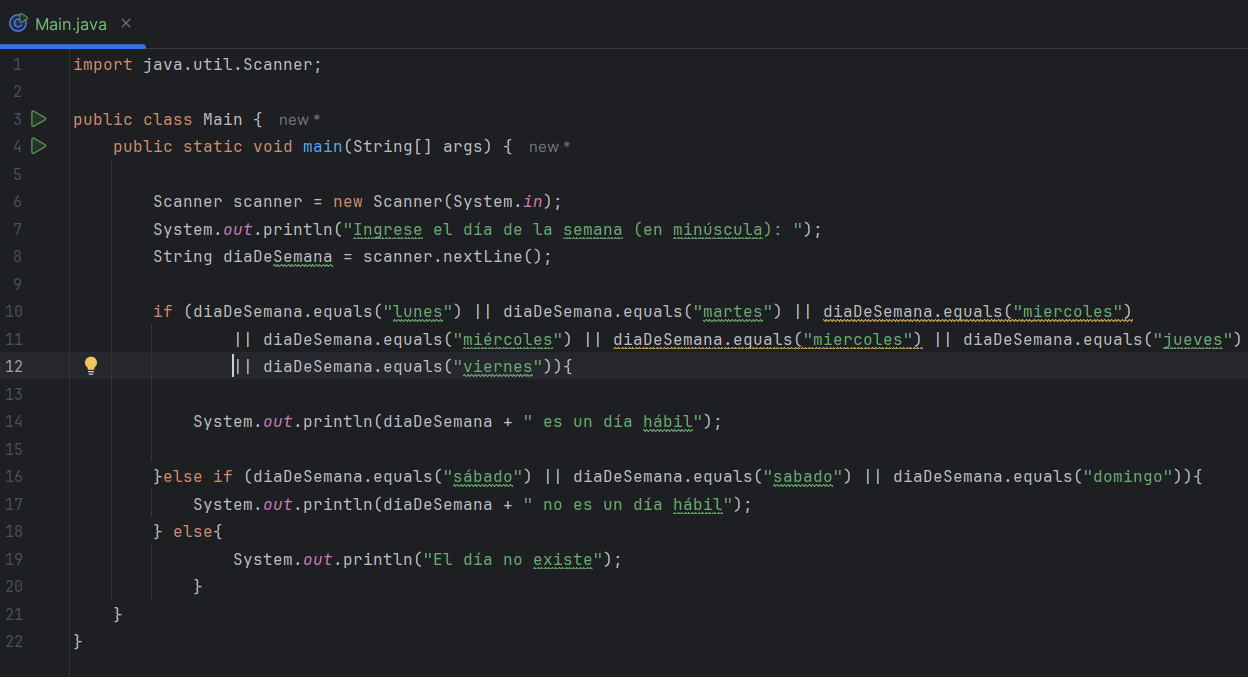 En este código java se ingresa un día de la semana en minúscula, el programa verifica si es hábil o feriado