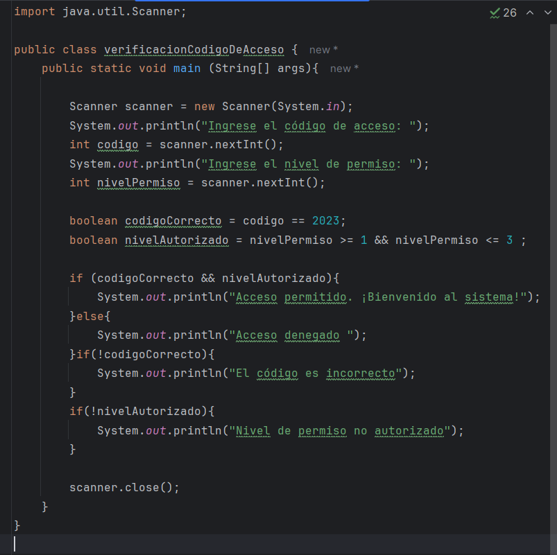 Código java donde se valida sin hay acceso, pasando como entrada un código y un nivel de acceso