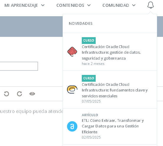 Captura de Imagen de dashboard que muestra el lugar donde se despliega el menu con artículos de interés