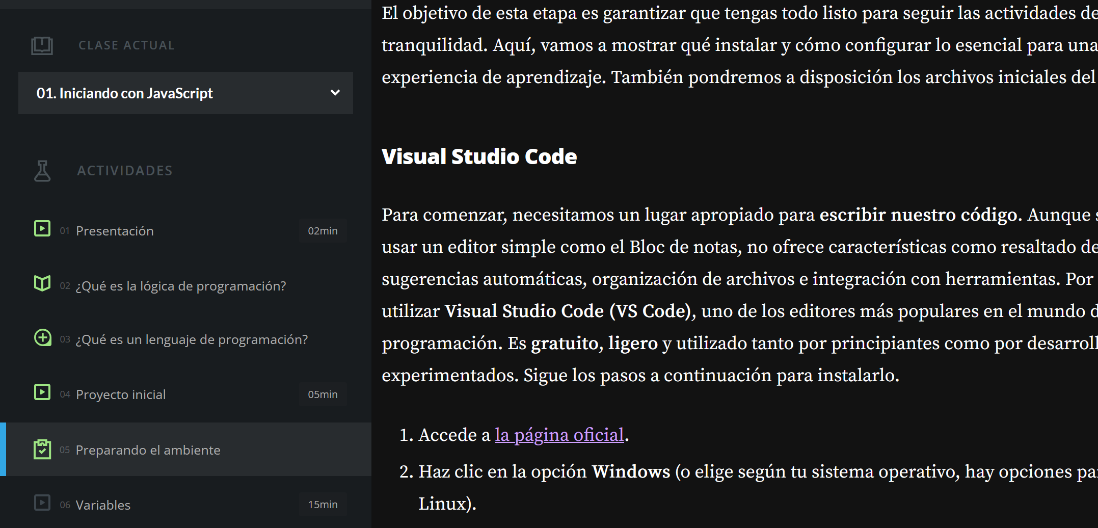 screenshot de actividades de la clase.