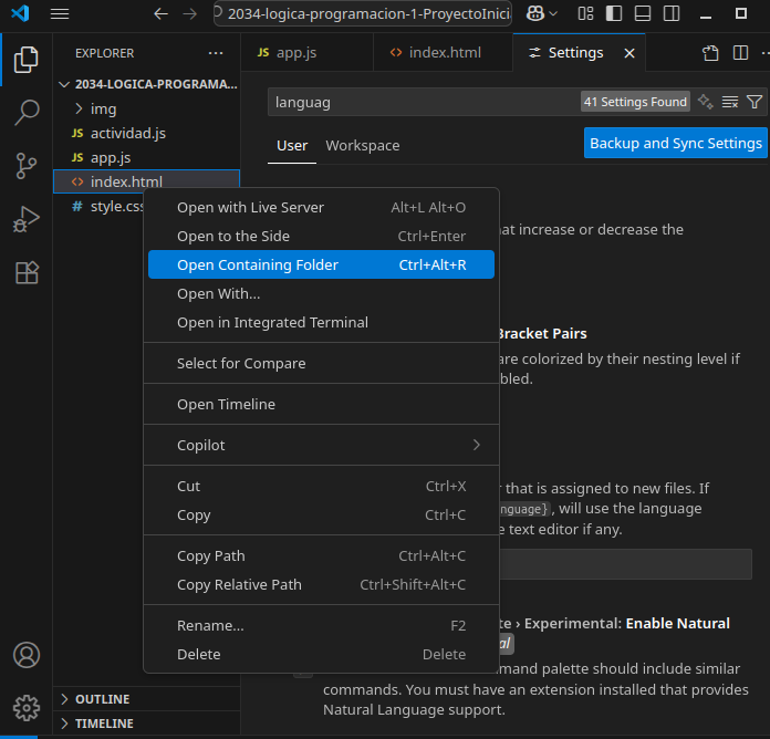como abrir carpeta contenedora de un archivo desde VScode