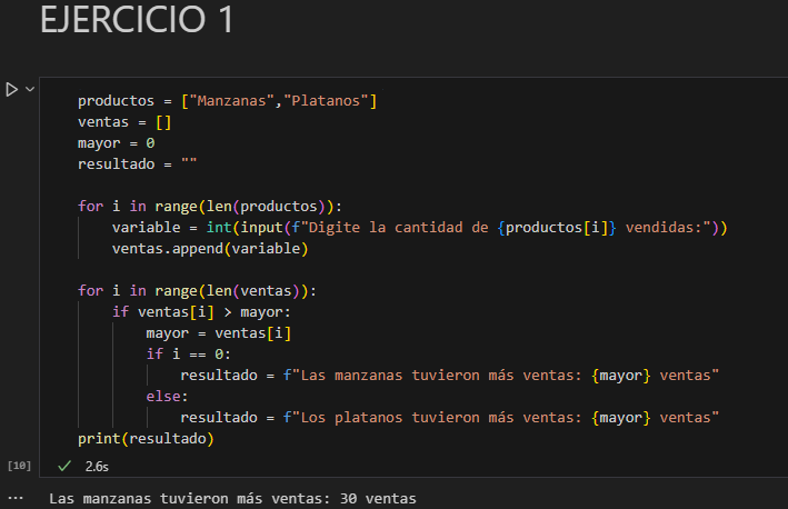 Codigo en VSCODE con Resultados con ingreso de 30 Manzanas y  2 Platanos