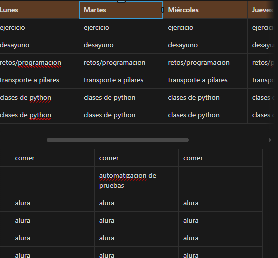 IFragmento de notion de una agenda semanal con horarios y bloques de estudio