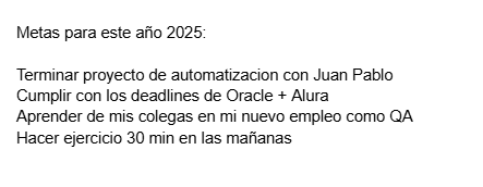 Recorte de mi documento donde escribí mis metas