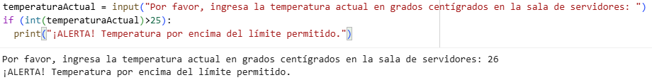 Código en un notebook de Colab que solicita la temperatura actual y si el número supera 25, entonces se imprime un mensaje de alerta