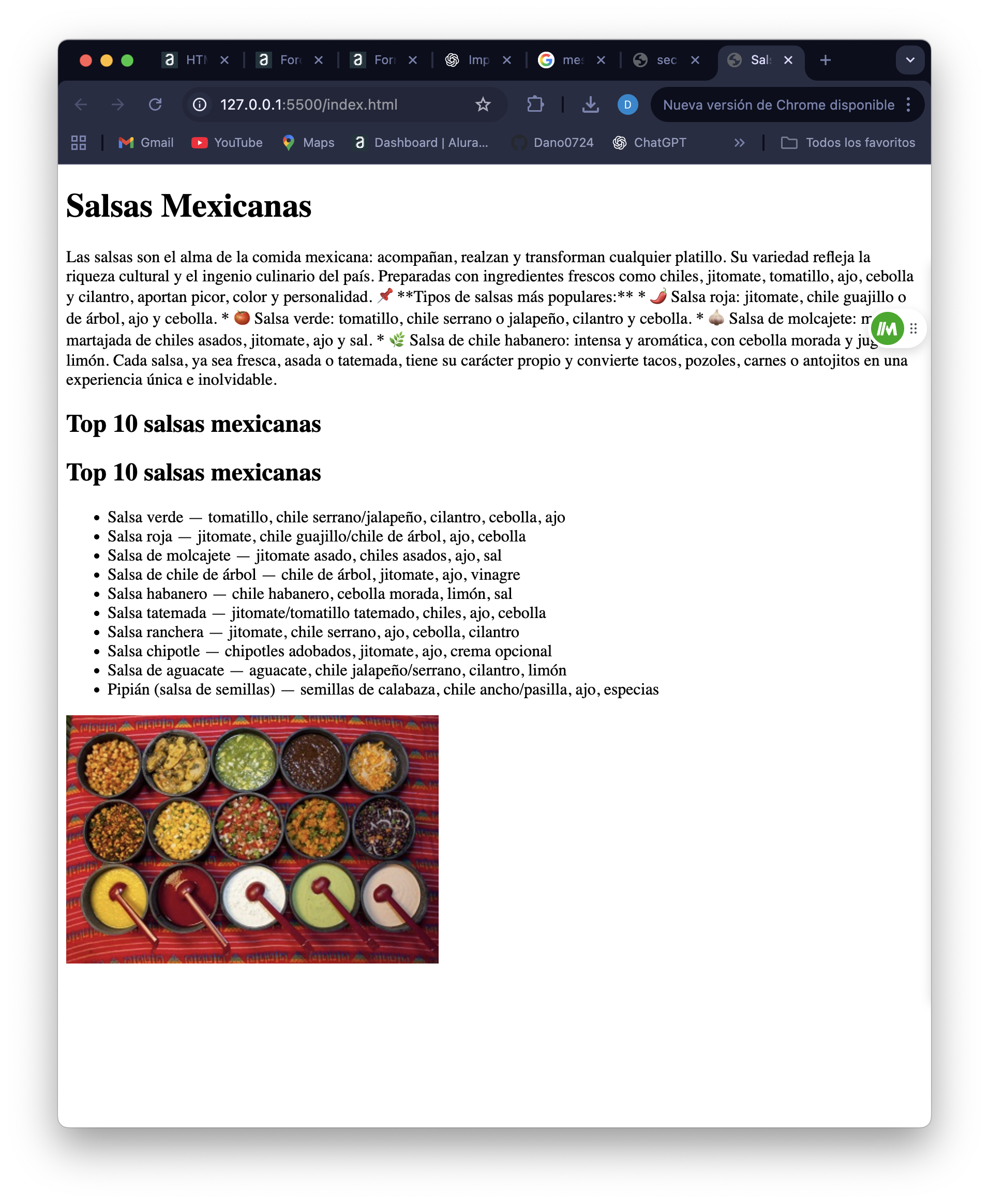 Página web sobre salsas mexicanas, usando las etiquetas html