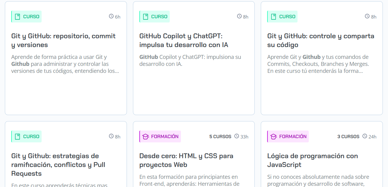 Captura de pantalla mostrando cursos de GitHub disponibles en Alura