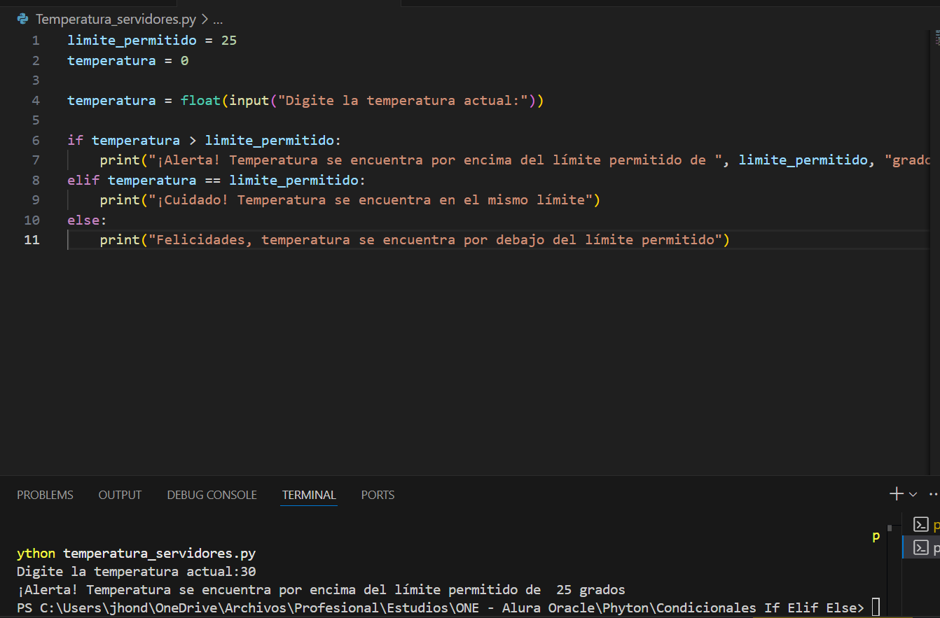 Les detallo el codigo usado para poder validar en 3 escenarios distintos de la temperatura