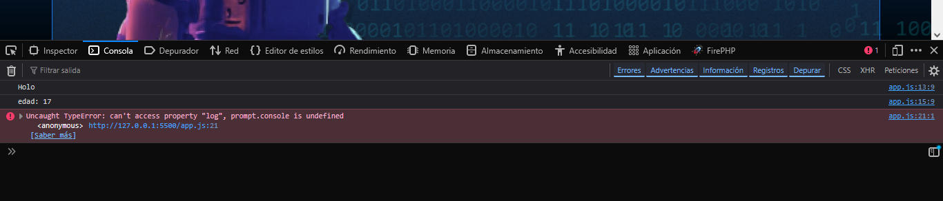 Captura de pantalla mostrando el mensaje de error en Herramientas para desarrollador en la pestaña Consola en Firefox