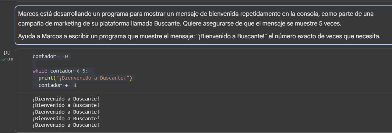 Ejecucion mensaje 5 veces con lazo while